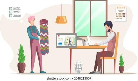 Man orders carpet in an online store, buys an interior element rug or soft mat, works with computer and internet. Guy equips apartment, selects design for room, flooring. Floor mat, carpeting service