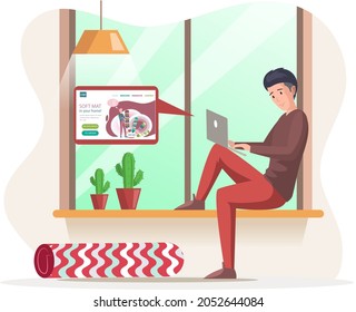 Man orders carpet in an online store with textile rolls, rugs or mats, buys an interior element. Guy equips apartment, selects design for room, thinking about flooring. Floor mat, carpeting service