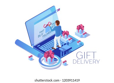 man orders the delivery of a gift for his beloved. Search for a gift on the Internet. Isometric 3d
