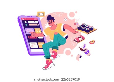 Man orders food online with a cell phone, vector illustration. Using the smartphone for online shopping, fast delivery concept isolated on white background.
