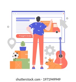 Man orders a service for the transportation of things. Male character, dog and cardboard boxes. Moving to a new house, apartment. Vector flat illustration.