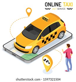 Man orders taxi from smartphone. Online taxi 24 hour service concept with people, car, map and route pin. isometric icons. isolated vector illustration