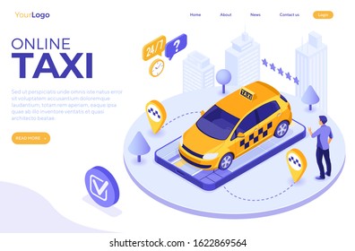 Man orders taxi from smartphone. Online taxi 24 hour service concept with people, car, map and route pin. isometric icons. landing page template. isolated vector illustration