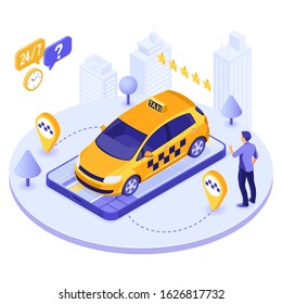 Man orders taxi from smartphone. Online taxi 24 hour service concept with people, car, map and route pin. isometric icons. isolated vector illustration