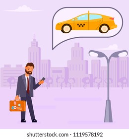 A man orders a taxi from a smartphone. Vector illustration eps 10