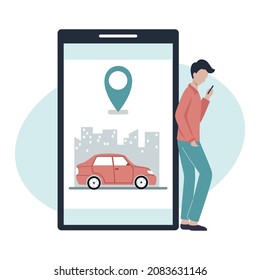 Man orders taxi via smartphone. Carsharing and car rental. Online application for auto call.