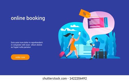Man orders tickets via internet. Online booking. Cheap tickets concept. Modern vector illustration