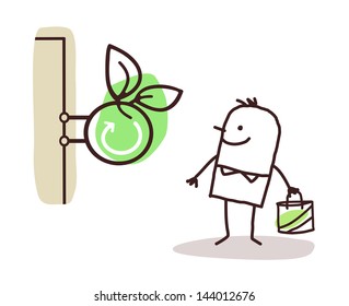 man and organic food sign