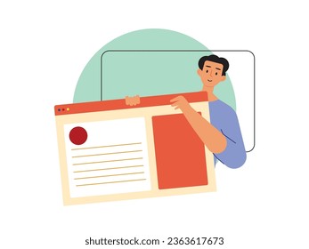 Man organize blogger writing on the website, page concept development. Character design. Vector flat illustration