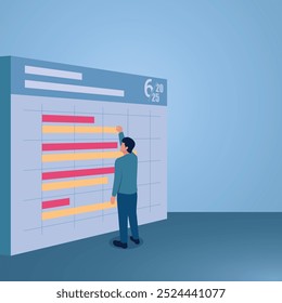 Ein Mann organisiert Arbeitszeitplan auf einem Kalenderbrett, Zeitmanagement, Zeitoptimierung, Effizienz und Effektivität.