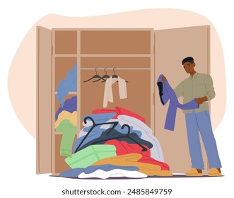 Hombre Organizando Un Armario Desordenado Lleno De Ropa Variada. El Concepto De Vector De Dibujos Animados De Organización Del Hogar, Limpieza Y Decluttering, Transmite Una Sensación De Ordenar Y Mantener Los Espacios Personales