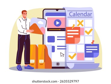 Hombre que organiza el contenido con un calendario y la interfaz del smartphone, estilo gráfico plano moderno, sobre fondo blanco. Concepto de planificación de contenidos digitales. Ilustración vectorial