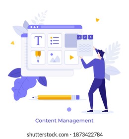 Man organizing digital elements of website in browser window. Concept of web content management, webpage administration tool, organization of online information. Flat vector illustration for banner.