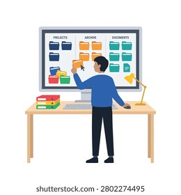 Man organizing digital files and folders on a computer screen. Flat illustration showing a professional managing project archives and documents on a monitor. Uses vibrant colors. Ideal for data management or office productivity presentations.