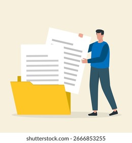 Man Organizing Documents in a Folder.  Document Management and Archiving Concept