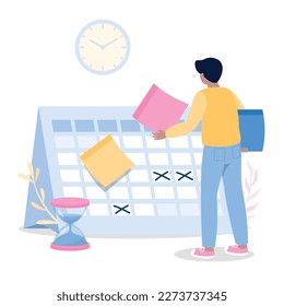 Man organizing events on a calendar with hourglass