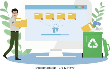 Man organizing files for digital cleanup isolated on transparent background. Clean Up Your Digital Space. Reduce Your Digital Clutter. Flat design. Vector illustration