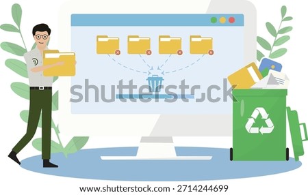 Man organizing files for digital cleanup isolated on transparent background. Clean Up Your Digital Space. Reduce Your Digital Clutter. Flat design. Vector illustration