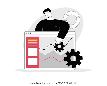 A man is organizing the website layout. Homepage development. Character design. Vector flat illustration