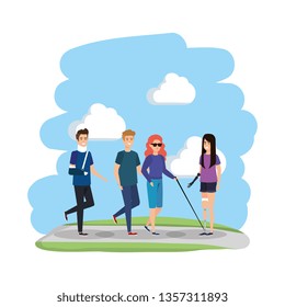 man with orthopedic collar and blind woman