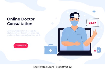 Man Otorhinolaryngologist Doctor In Protective Mask And Head Reflector Consults Online By Video Call On Laptop. Ent Clinic. Telemedicine Concept. Chat With A Medical Worker. Web Page Template.