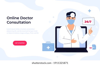 Man Otorhinolaryngologist Doctor In Protective Mask And Head Reflector Consults Online By Video Call On Laptop. Ent Clinic. Telemedicine Concept. Chat With A Medical Worker. Web Page Template.