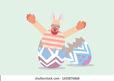 A man out of the giant eggshell, Happy Easter day theme. Simple vector illustration, this illustration can use as a sticker also. 