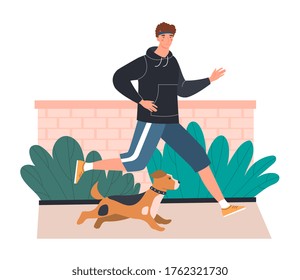 Man out jogging accompanied by his dog in a healthy active lifestyle and fitness concept, colored vector illustration