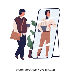 Man In Outdated Clothes Looking At Fake Mirror Reflection And Dreaming To Be Successful Modern Businessman. Distorted Self-perception Of Personality Concept. Flat Vector Illustration Isolated On White