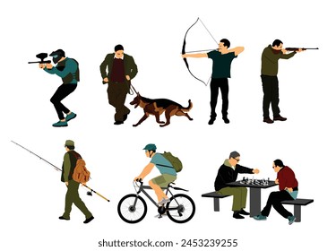 Gran actividad al aire libre hobby conjunto de Ilustración vectorial aislado. Arquero y cazador con rifle. Pescador. Los amigos juegan ajedrez en el parque. Paintball acción. Hombre montando bicicleta. Perro Urbana corriendo