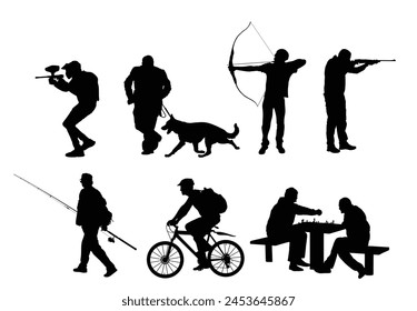 Hombre al aire libre hobby actividad conjunto silueta de Vector aislado. Arquero y cazador con rifle. Pescador. Los amigos juegan ajedrez en el parque. Paintball acción. Hombre montando bicicleta. Perro Urbana corriendo