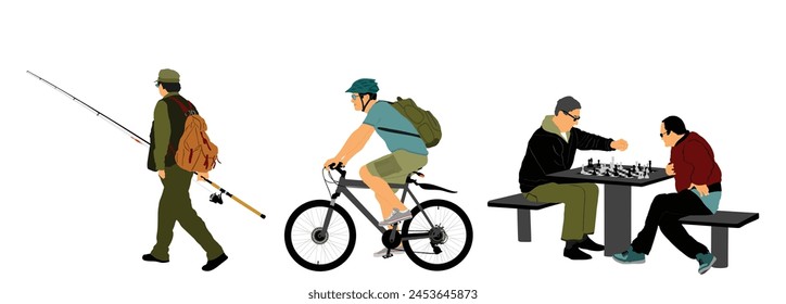 Man outdoor hobby activity set vector illustration isolated. Senior fisherman with fishing rod go to the river. Mature friends play chess game in park. Urban boy riding bicycle with helmet, backpack.