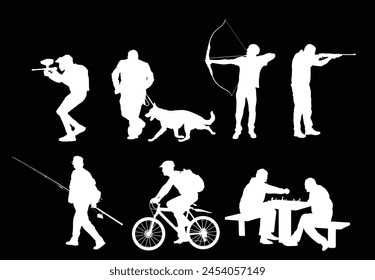 Hombre al aire libre hobby actividad conjunto silueta de Vector aislado. Arquero y cazador con rifle. Pescador. Los amigos juegan ajedrez en el parque. Paintball acción. Hombre montando bicicleta. Perro Urbana corriendo