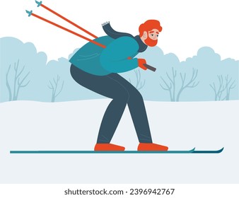 Man in outerwear skiing in forest or public park. Young man go cross-country skiing in the woods. Winter sport activities