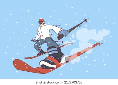 Man in outerwear skiing on snow hill on vacation. Excited person do active extreme winter sports on holidays. Flat vector illustration. 