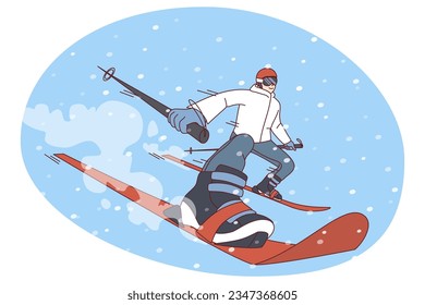 Man in outerwear skiing on snow hill on vacation. Excited person do active extreme winter sports on holidays. Flat vector illustration.