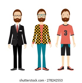 Man outfit to business office, casual and sport. flat illustration.