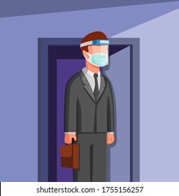 Man Outside Door go to Work wear Face Shield and Mask, People Office Worker Working in New Normal Activities in Cartoon illustration Vector