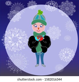 man outside drinking tea in winter and snow falling on blue background