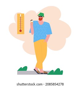 Man outside with ice cream. A summer day and hot weather on vacation. The thermometer shows the temperature. Flat vector illustration.