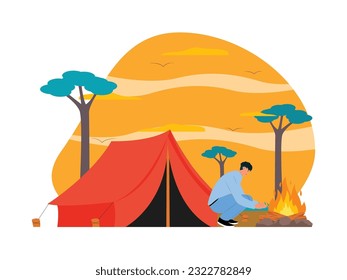 Man is outside the tent, in front of the campfire, warming his cold hands, camping vector illustration.