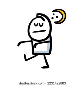 A man with outstretched arms and closed eyes walks in a dream at night under the influence of the moon. Vector illustration of funny sticman character under hypnosis.