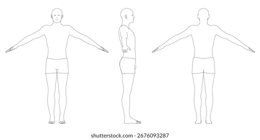 Homem com braços estendidos demonstrando passos de desenho de figura, arte de linha preta e branca, contornos claros, pose instrucional.