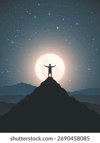 Man with outstretched arms on top of rocky mountain. Night climbing