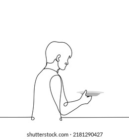 Man With Outstretched Empty Plate - One Line Drawing Vector. Concept A Hungry Man Is Waiting For Food To Be Put On His Plate