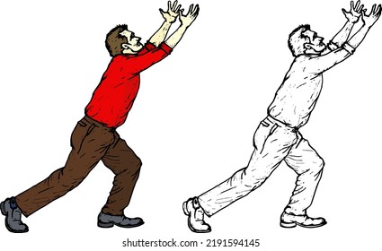 Man With Outstretched Hand Ready To Catch Something, Isolated Against White. Hand Drawn Vector Illustration.