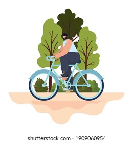 man over a purple bycicle in a park vector illustration design