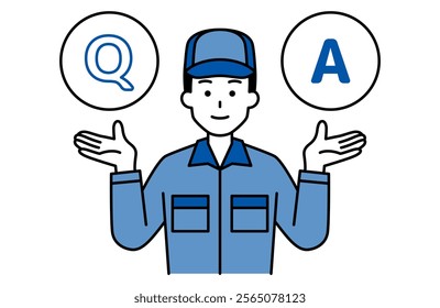 Man in overalls accepting Q and A