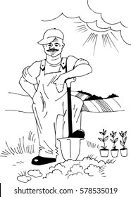 The man in overalls to dig in the garden. Planting seedlings. Agricultural work. Vector hand drawn illustration.