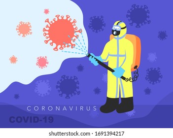 a man in overalls disinfects fight against covid-19, coronavirus 2019-nCoV pandemic protection, vector illustration